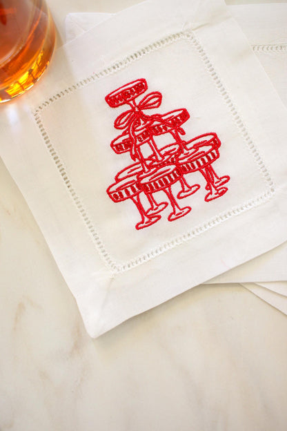 Champagne Tower Embroidered Linen Cocktail Napkins - Set of Four | Valentine Entertaining Napkins | Bridal Shower Bar Cart Decor