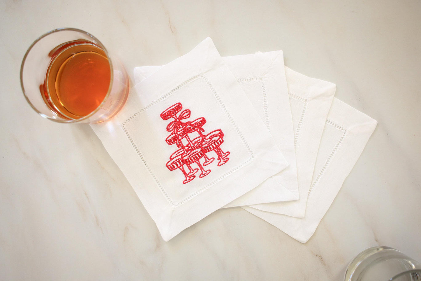 Champagne Tower Embroidered Linen Cocktail Napkins - Set of Four | Valentine Entertaining Napkins | Bridal Shower Bar Cart Decor