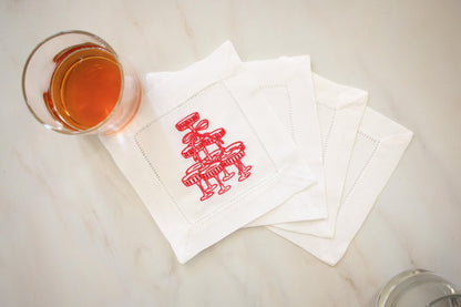 Champagne Tower Embroidered Linen Cocktail Napkins - Set of Four | Valentine Entertaining Napkins | Bridal Shower Bar Cart Decor