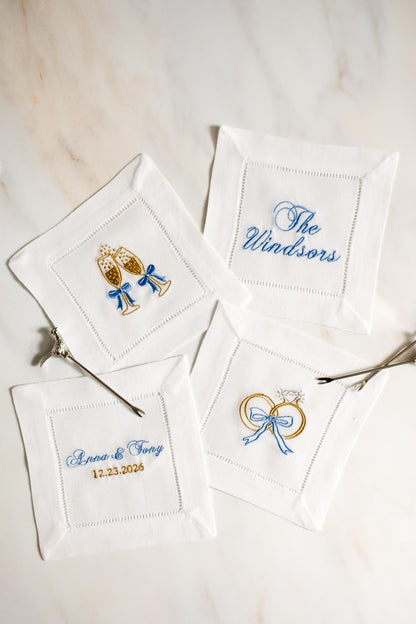 Set of 4 Custom Embroidered Cocktail Napkins | Wedding Monogram Napkins | Engagement Gift | Bridal Shower Gift