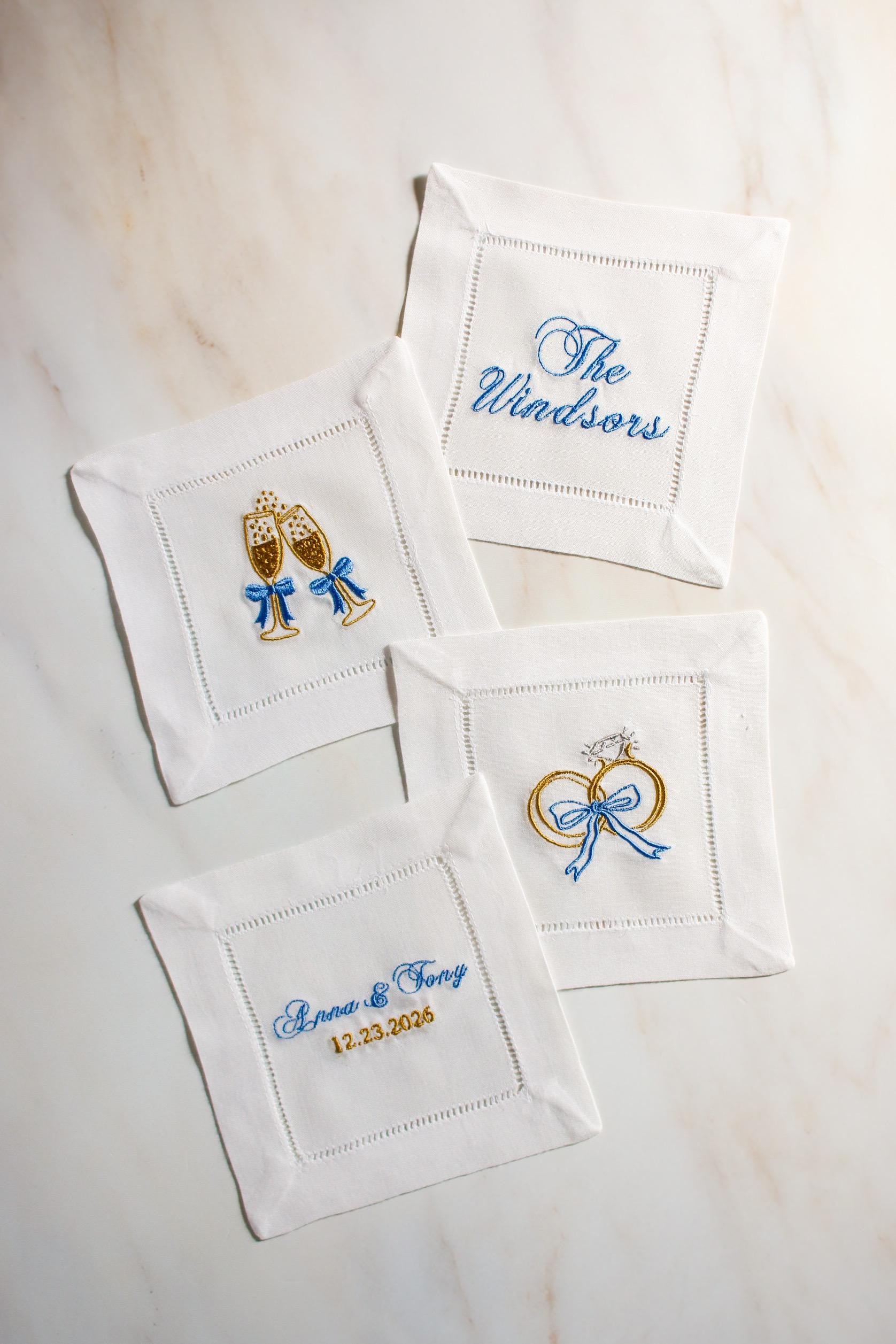 Set of 4 Custom Embroidered Cocktail Napkins | Wedding Monogram Napkins | Engagement Gift | Bridal Shower Gift