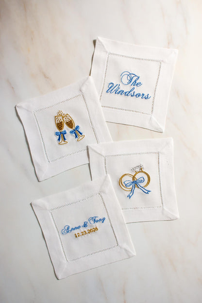 Set of 4 Custom Embroidered Cocktail Napkins | Wedding Monogram Napkins | Engagement Gift | Bridal Shower Gift