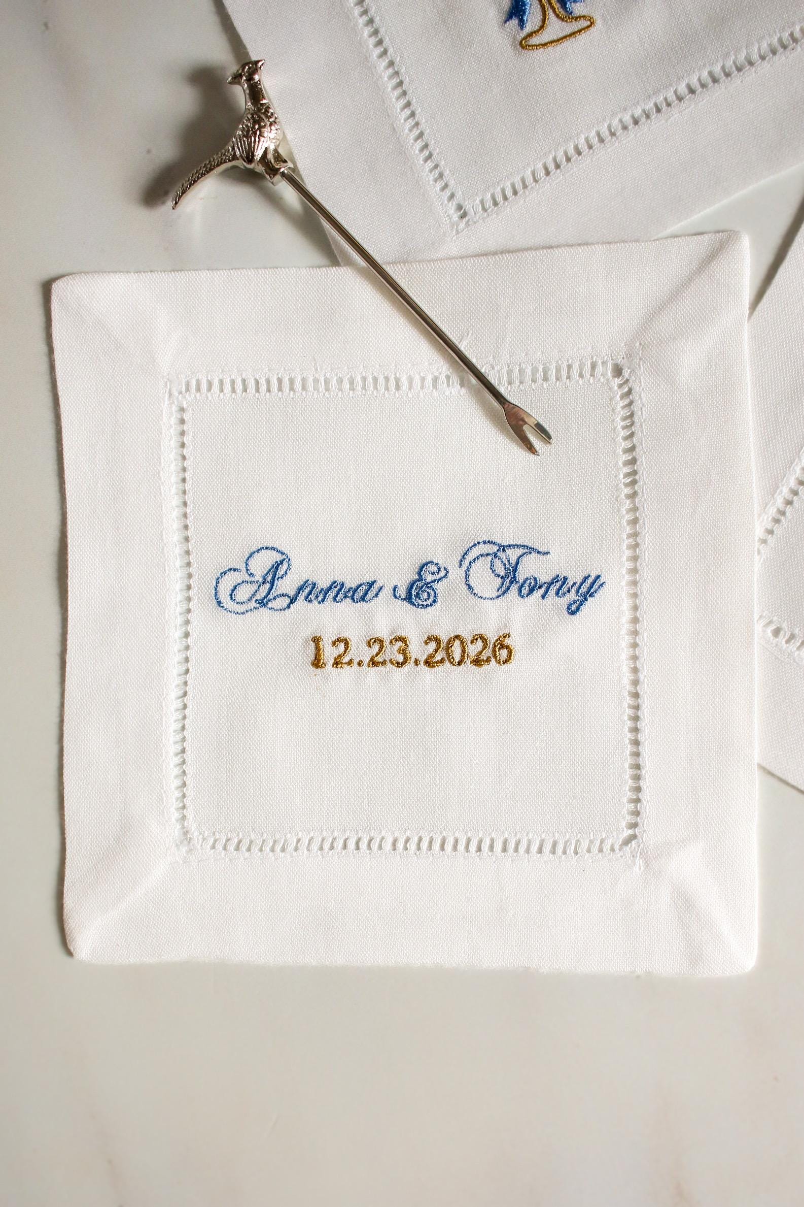Set of 4 Custom Embroidered Cocktail Napkins | Wedding Monogram Napkins | Engagement Gift | Bridal Shower Gift