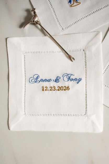 Set of 4 Custom Embroidered Cocktail Napkins | Wedding Monogram Napkins | Engagement Gift | Bridal Shower Gift