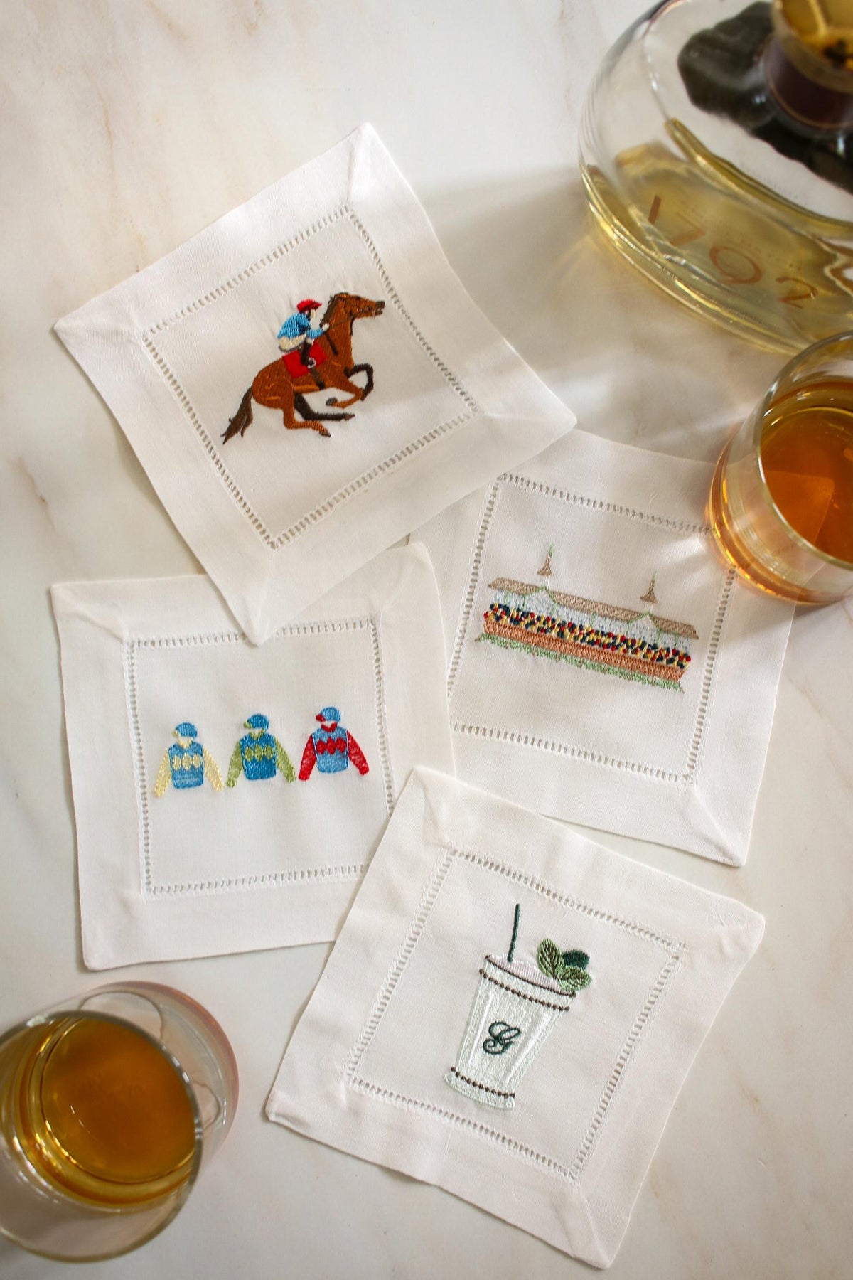 Kentucky Derby Linen Cocktail Napkins: Set of 4 | Embroidered Cocktail Napkins | Bar Cart Decor | Grandmillenial Home