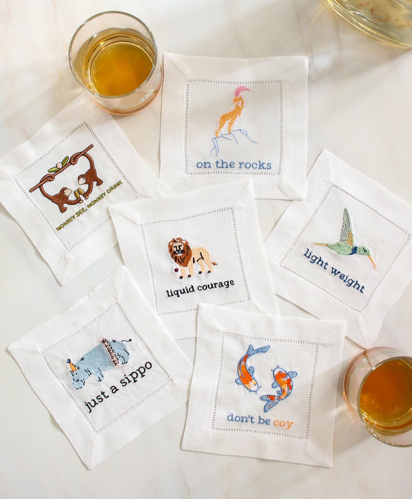 Embroidered Linen Cocktail Napkins - Set of 6 | Irreverent Bar Cart Decor | Bourbon Gift for Host | Bar Cart Decor | Grandmillenial Home