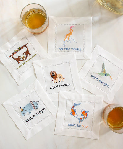 Embroidered Linen Cocktail Napkins - Set of 6 | Irreverent Bar Cart Decor | Bourbon Gift for Host | Bar Cart Decor | Grandmillenial Home