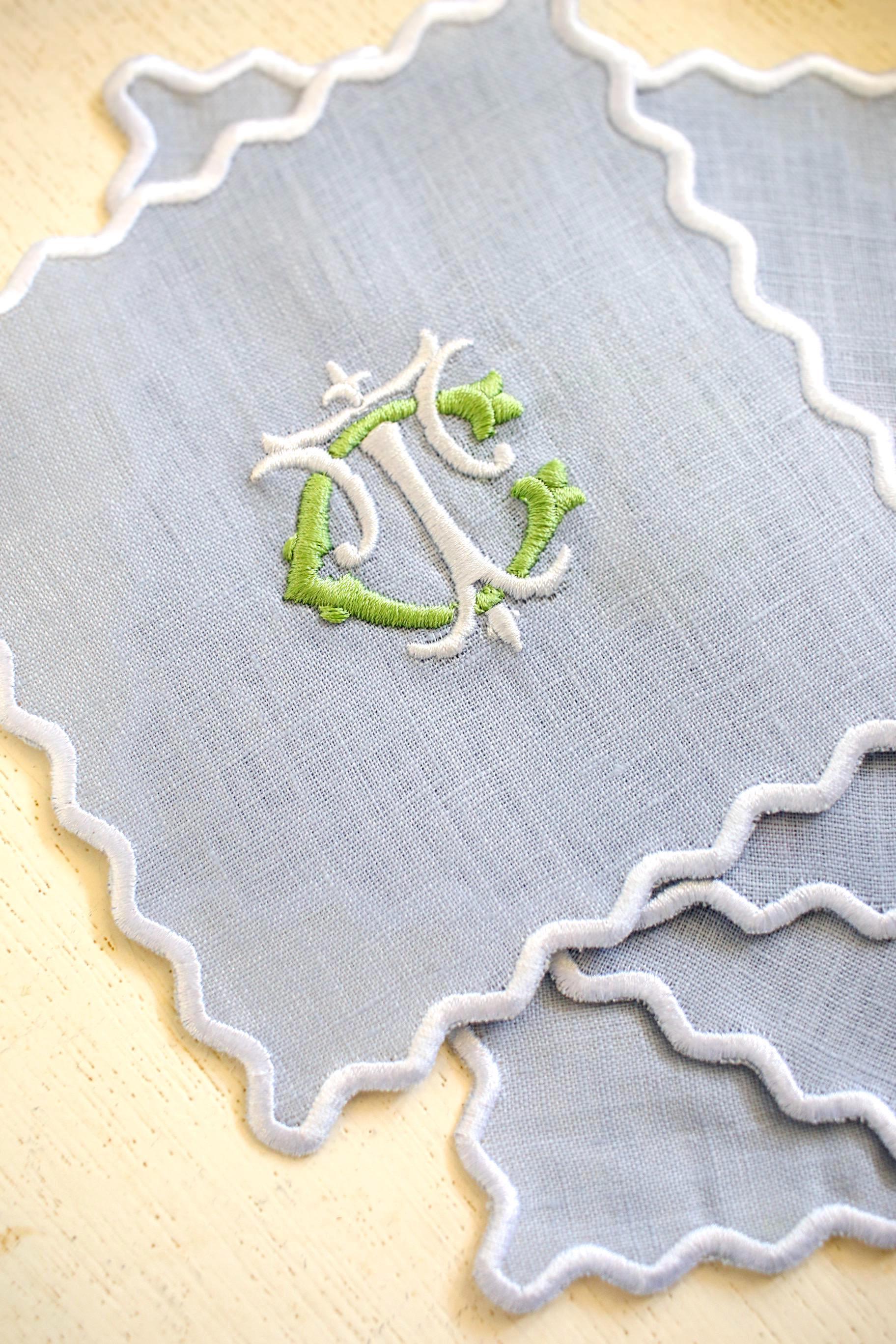 Scalloped Linen Cocktail Napkins - Set of 4 | Custom Embroidered Monogram | Grandmillenial Home | Wedding & Hostess Gift