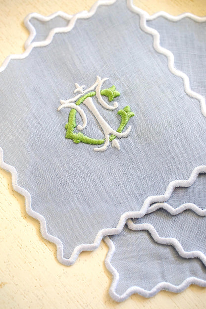 Scalloped Linen Cocktail Napkins - Set of 4 | Custom Embroidered Monogram | Grandmillenial Home | Wedding & Hostess Gift