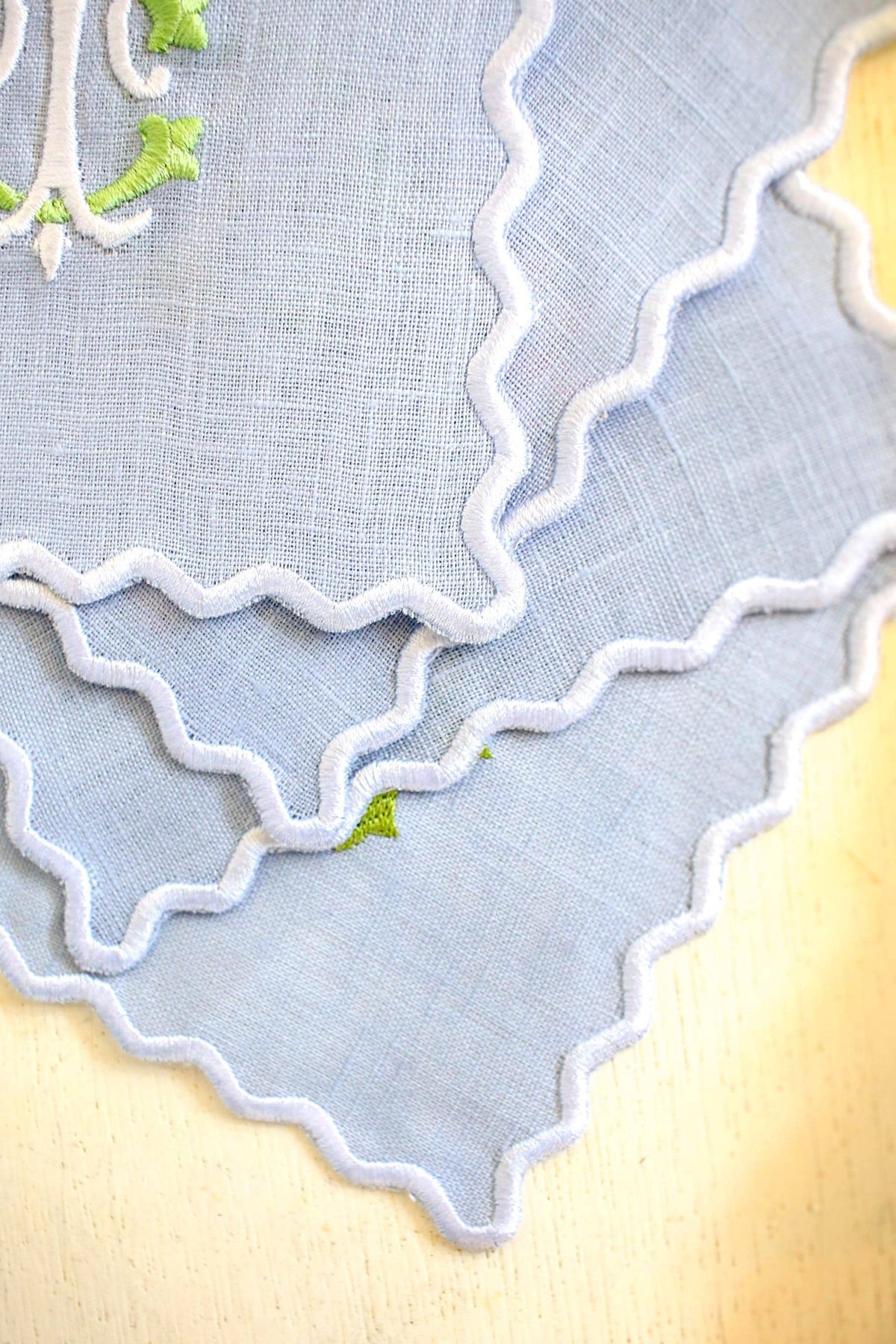 Scalloped Linen Cocktail Napkins - Set of 4 | Custom Embroidered Monogram | Grandmillenial Home | Wedding & Hostess Gift