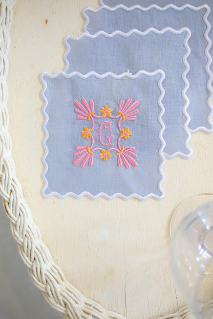 Personalized Linen Cocktail Napkins – Set of 4 | Scalloped Edge | Custom Floral Monogram | Hostess Gifts | Grandmillenial Home