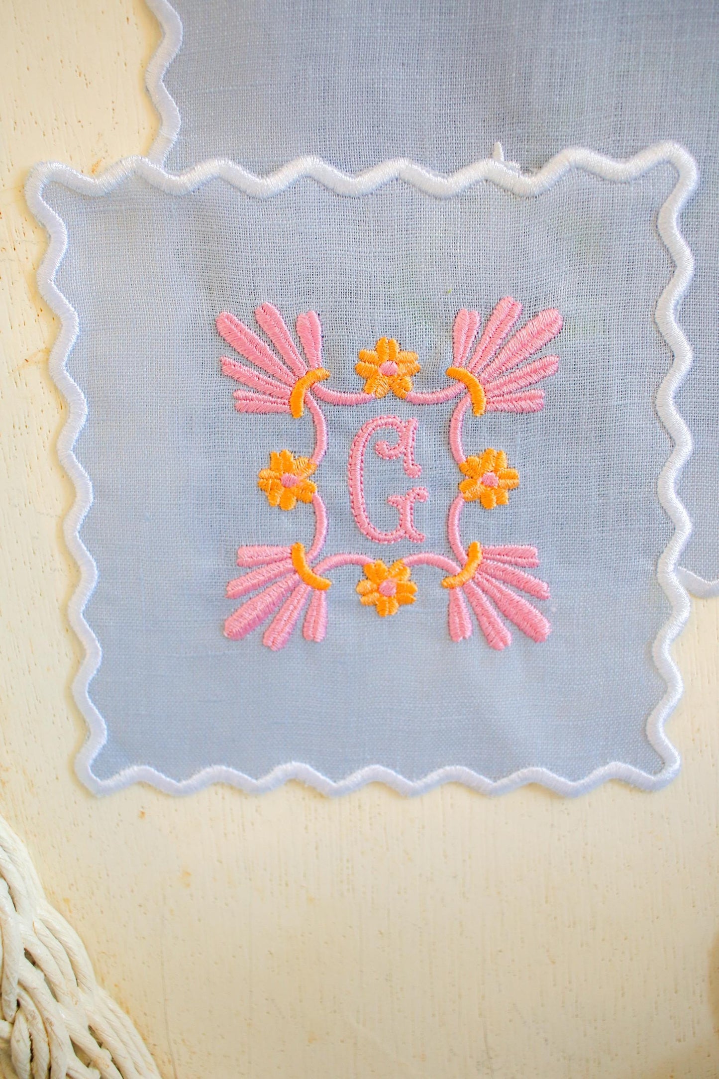 Personalized Linen Cocktail Napkins – Set of 4 | Scalloped Edge | Custom Floral Monogram | Hostess Gifts | Grandmillenial Home