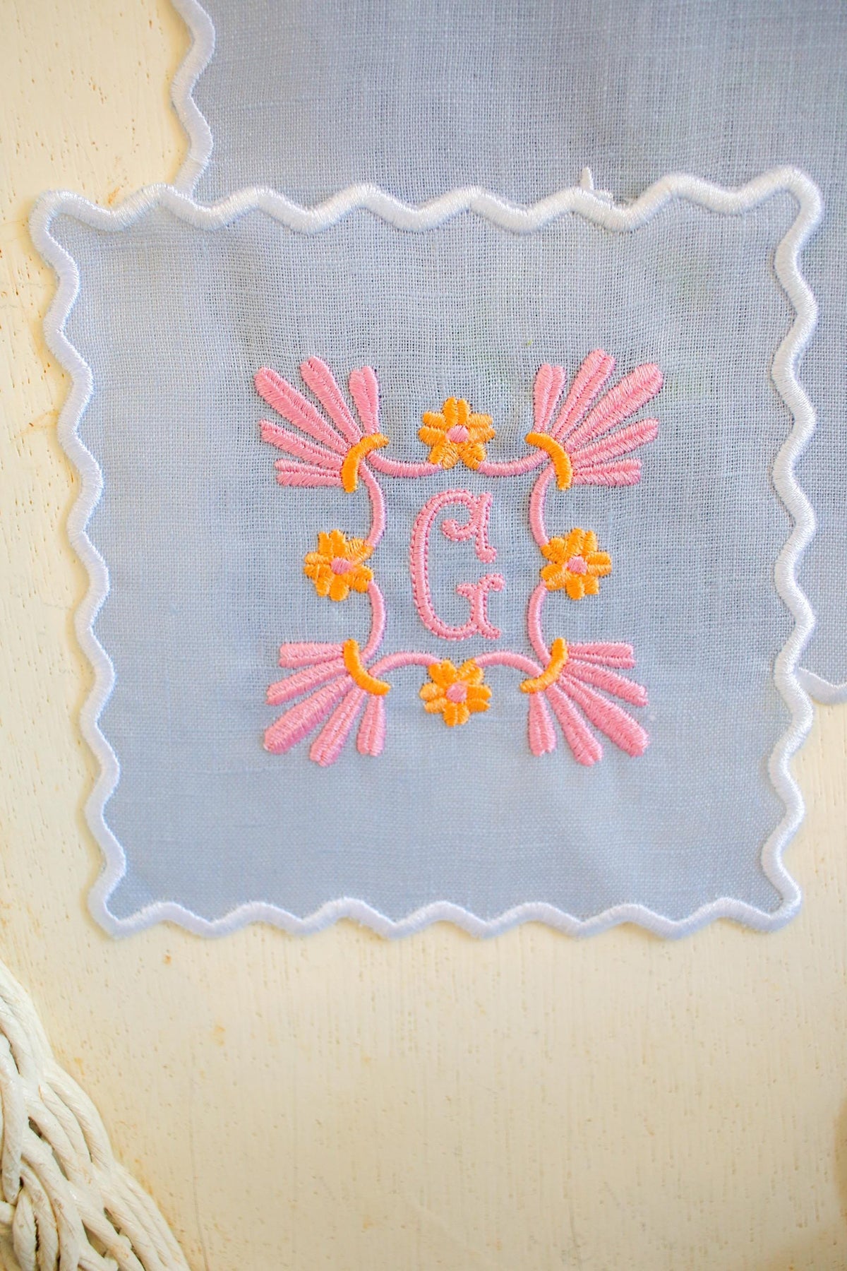 Personalized Linen Cocktail Napkins – Set of 4 | Scalloped Edge | Custom Floral Monogram | Hostess Gifts | Grandmillenial Home