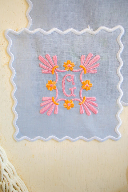 Personalized Linen Cocktail Napkins – Set of 4 | Scalloped Edge | Custom Floral Monogram | Hostess Gifts | Grandmillenial Home