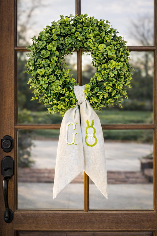 Personalized Easter Spring Wreath Sash for Front Door | Blue Linen Monogram Sash | Custom Bunny Easter Door Decor | Grandmillenial Home