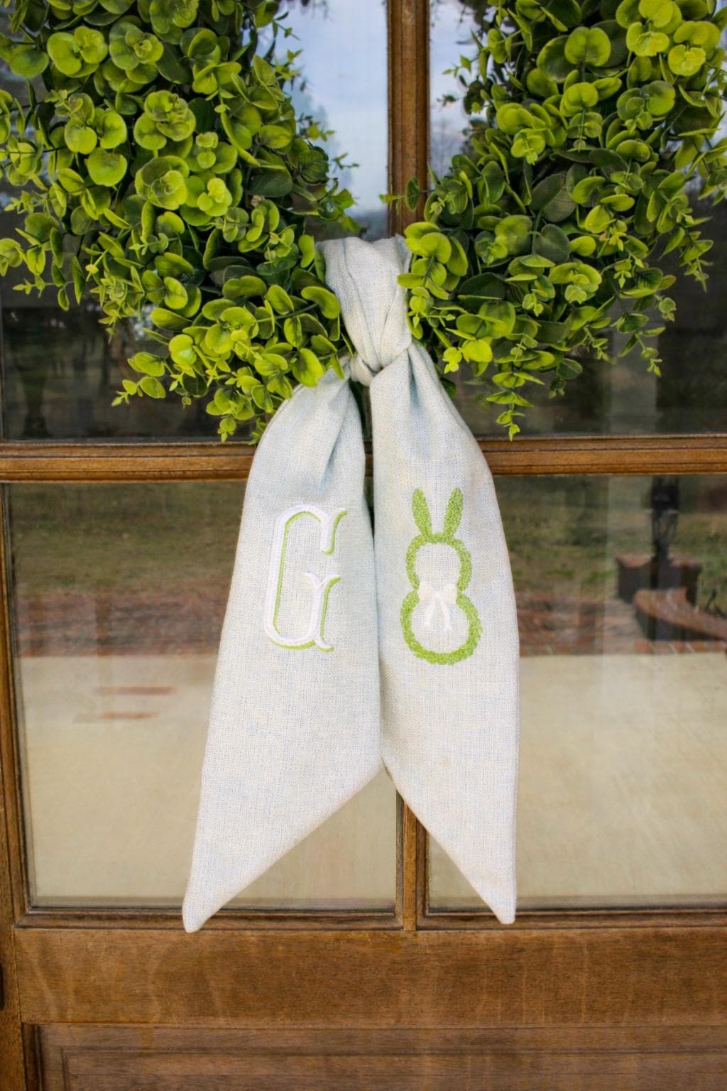 Personalized Easter Spring Wreath Sash for Front Door | Blue Linen Monogram Sash | Custom Bunny Easter Door Decor | Grandmillenial Home