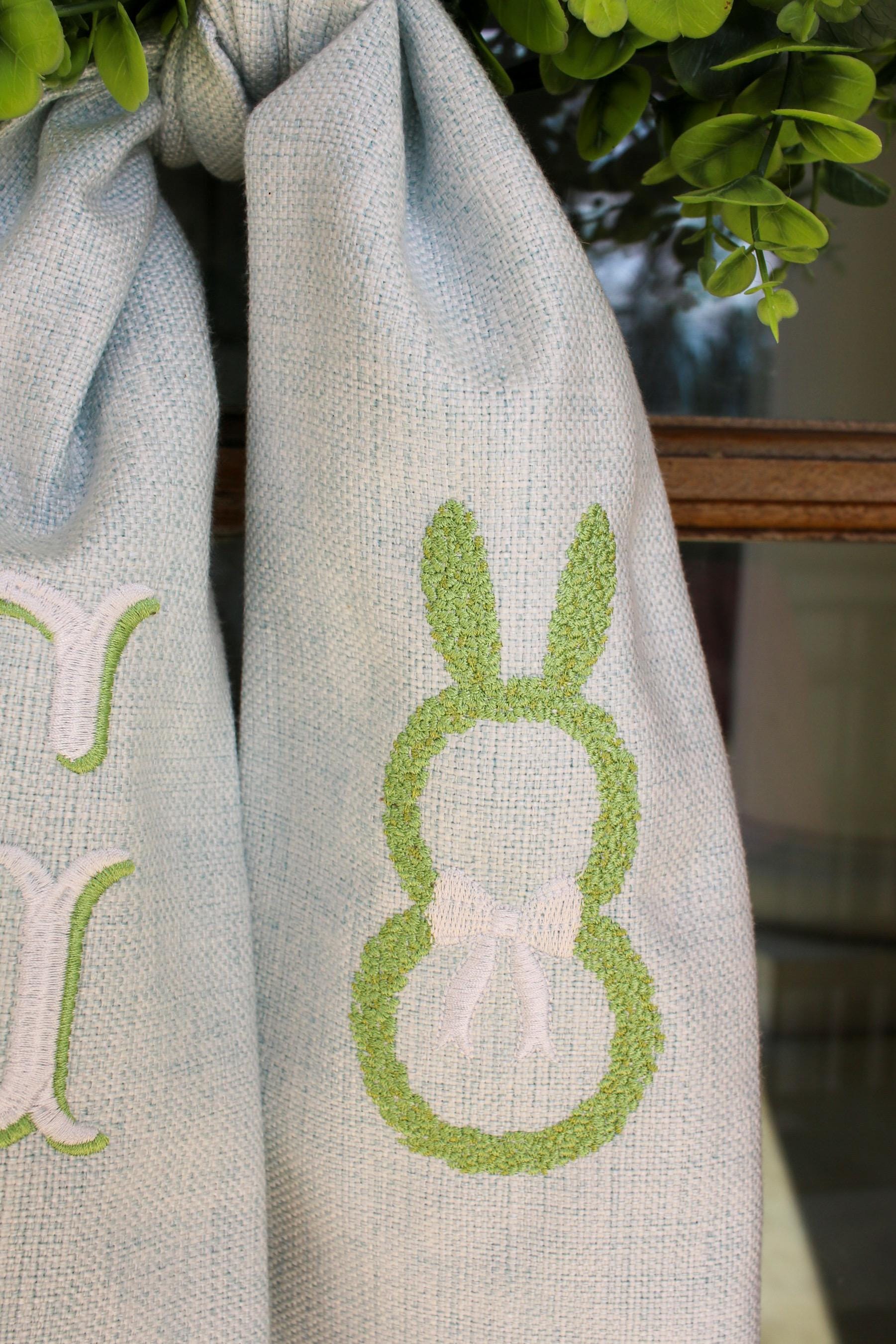 Personalized Easter Spring Wreath Sash for Front Door | Blue Linen Monogram Sash | Custom Bunny Easter Door Decor | Grandmillenial Home
