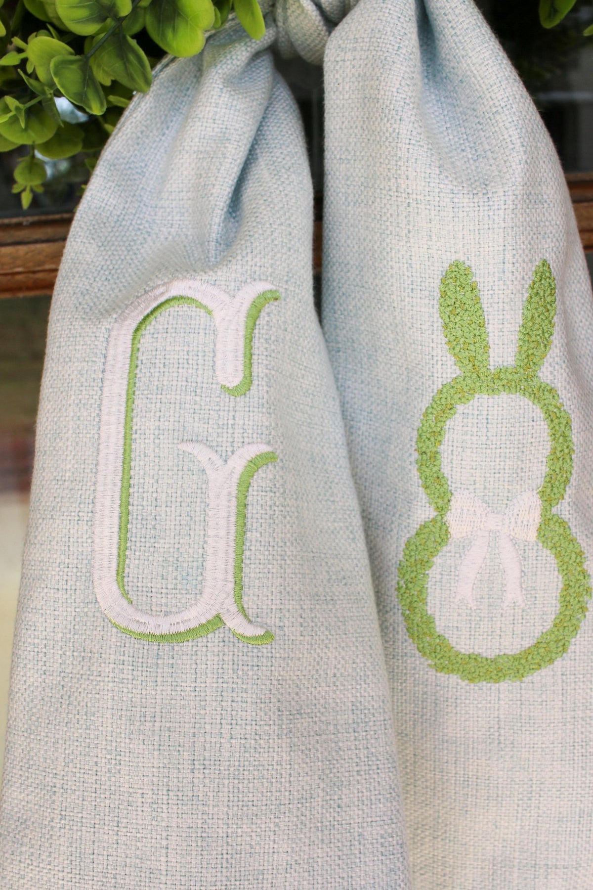 Personalized Easter Spring Wreath Sash for Front Door | Blue Linen Monogram Sash | Custom Bunny Easter Door Decor | Grandmillenial Home
