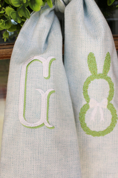 Personalized Easter Spring Wreath Sash for Front Door | Blue Linen Monogram Sash | Custom Bunny Easter Door Decor | Grandmillenial Home