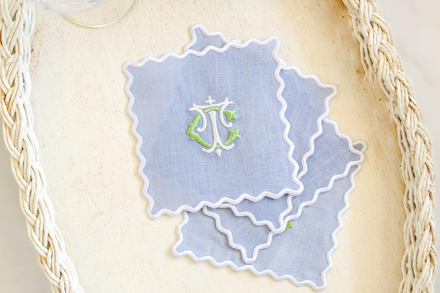 Scalloped Linen Cocktail Napkins - Set of 4 | Custom Embroidered Monogram | Grandmillenial Home | Wedding & Hostess Gift
