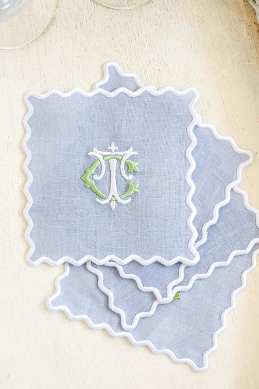 Scalloped Linen Cocktail Napkins - Set of 4 | Custom Embroidered Monogram | Grandmillenial Home | Wedding & Hostess Gift