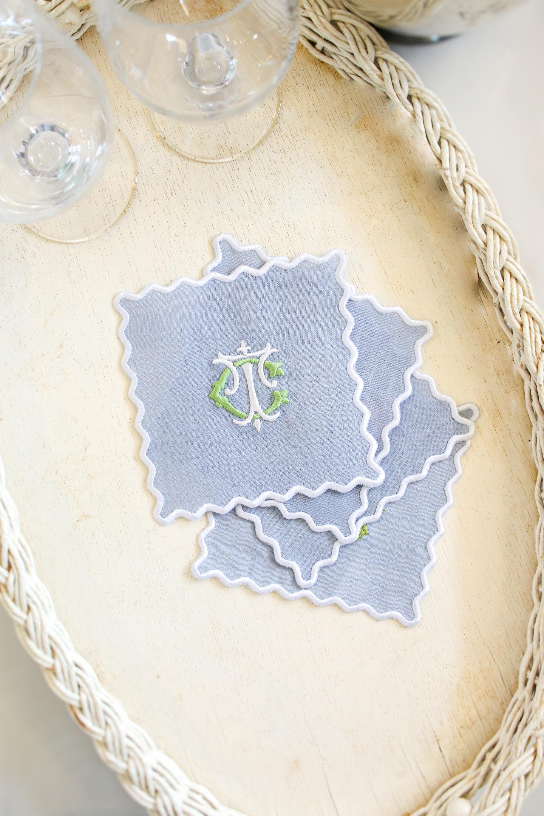 Scalloped Linen Cocktail Napkins - Set of 4 | Custom Embroidered Monogram | Grandmillenial Home | Wedding & Hostess Gift