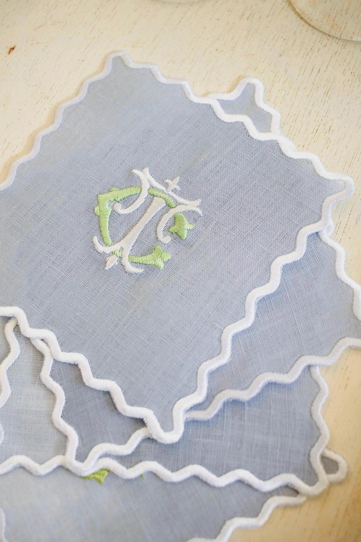 Scalloped Linen Cocktail Napkins - Set of 4 | Custom Embroidered Monogram | Grandmillenial Home | Wedding & Hostess Gift
