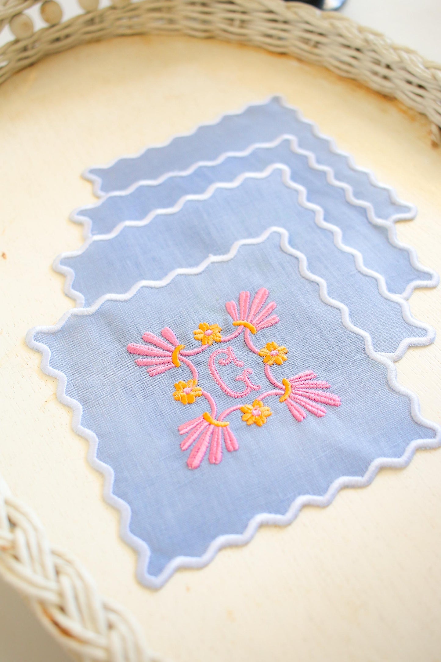 Personalized Linen Cocktail Napkins – Set of 4 | Scalloped Edge | Custom Floral Monogram | Hostess Gifts | Grandmillenial Home