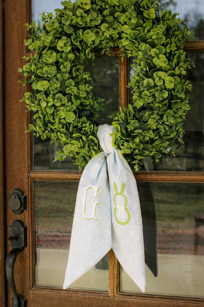 Personalized Easter Spring Wreath Sash for Front Door | Blue Linen Monogram Sash | Custom Bunny Easter Door Decor | Grandmillenial Home