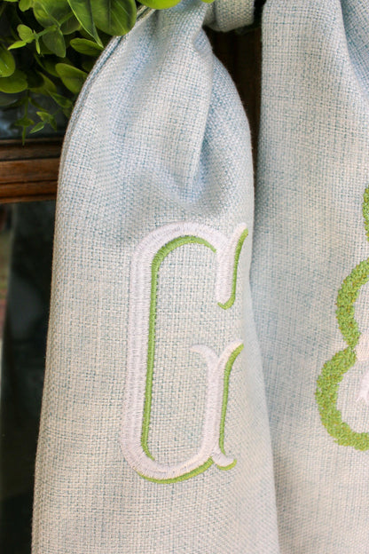 Personalized Easter Spring Wreath Sash for Front Door | Blue Linen Monogram Sash | Custom Bunny Easter Door Decor | Grandmillenial Home