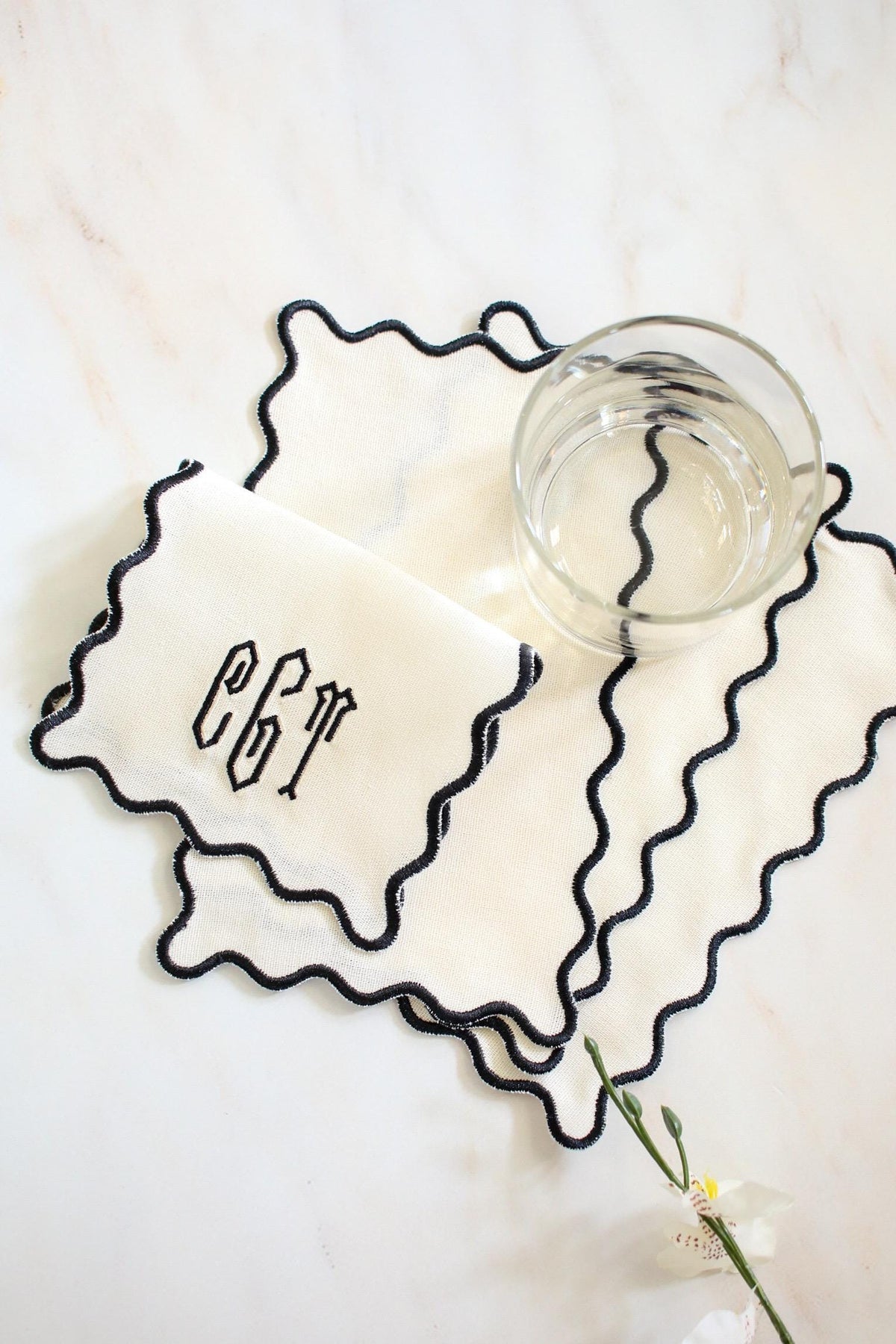 Monogrammed Linen Cocktail Napkin Set | Scallop Edge Cocktail Napkins | Embroidered Hostess Gift | Grandmillenial Home | Wedding Gift