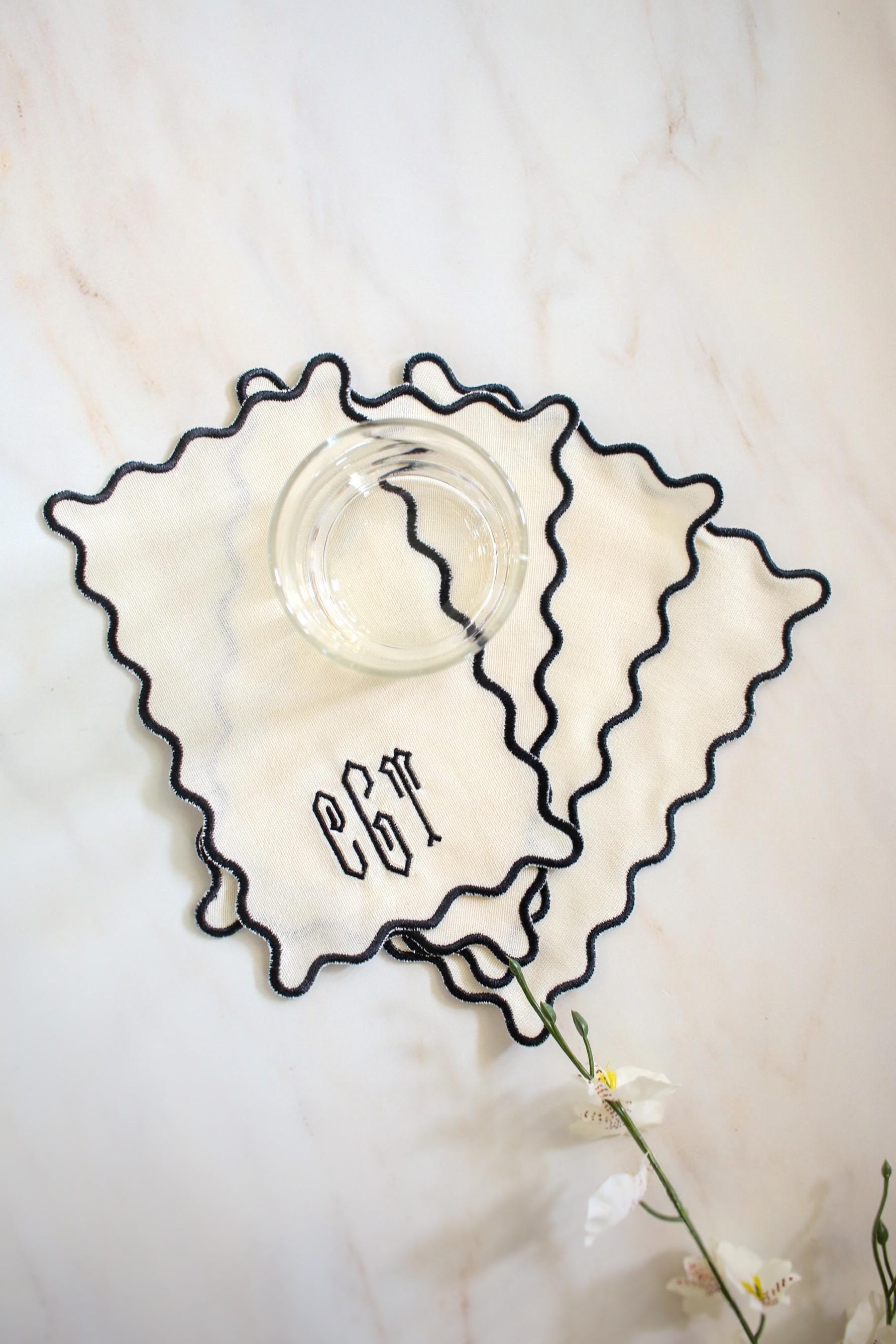 Monogrammed Linen Cocktail Napkin Set | Scallop Edge Cocktail Napkins | Embroidered Hostess Gift | Grandmillenial Home | Wedding Gift