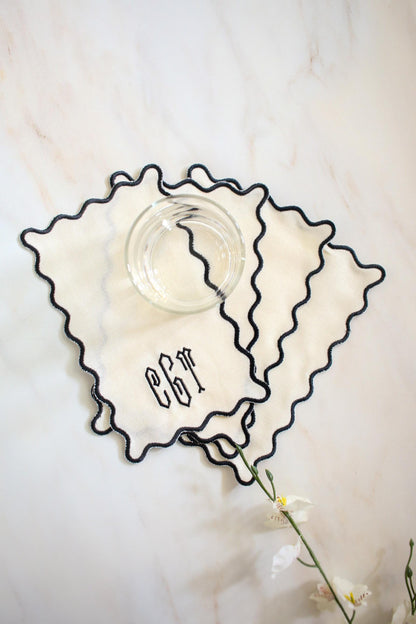 Monogrammed Linen Cocktail Napkin Set | Scallop Edge Cocktail Napkins | Embroidered Hostess Gift | Grandmillenial Home | Wedding Gift