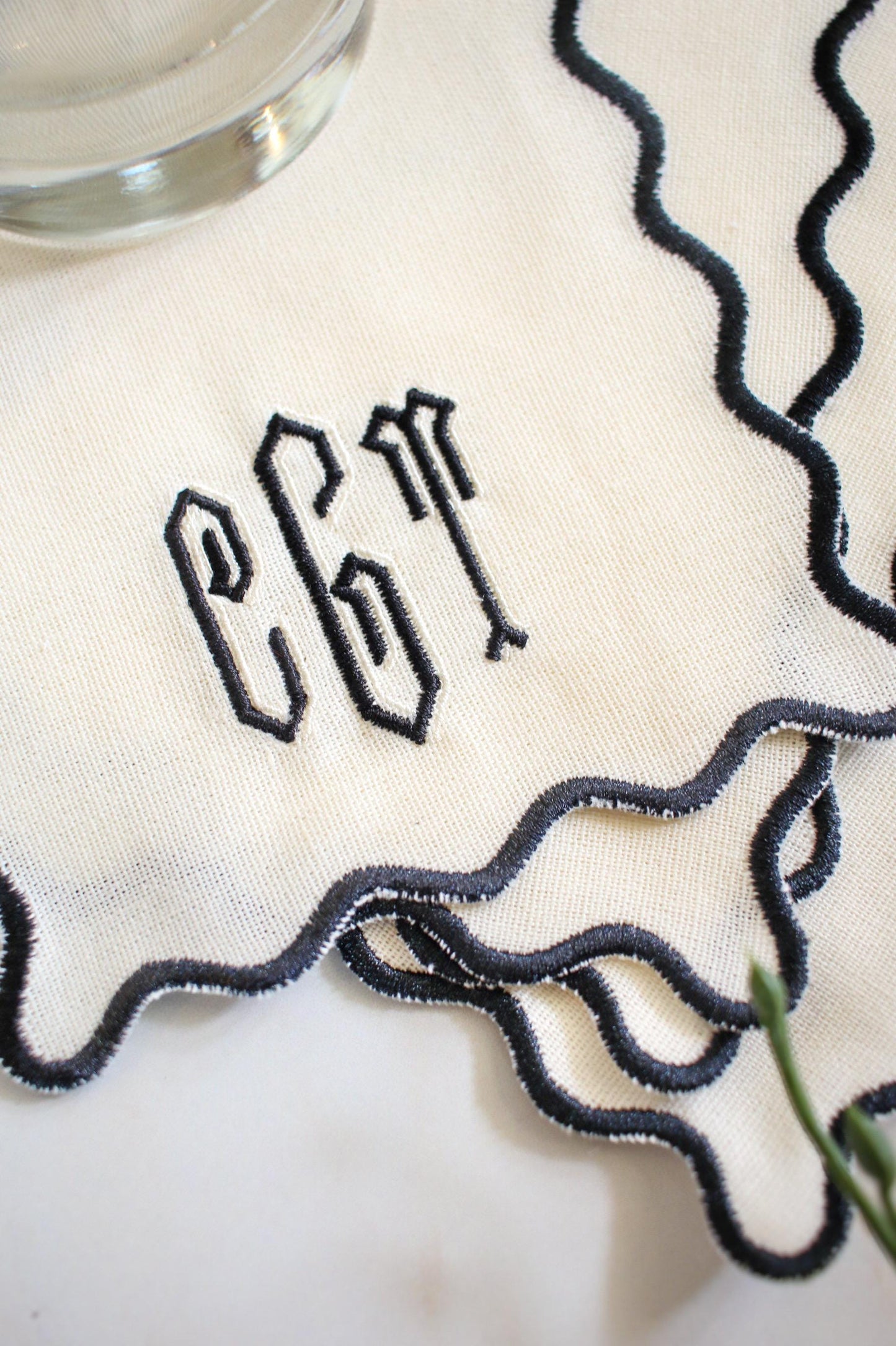 Monogrammed Linen Cocktail Napkin Set | Scallop Edge Cocktail Napkins | Embroidered Hostess Gift | Grandmillenial Home | Wedding Gift