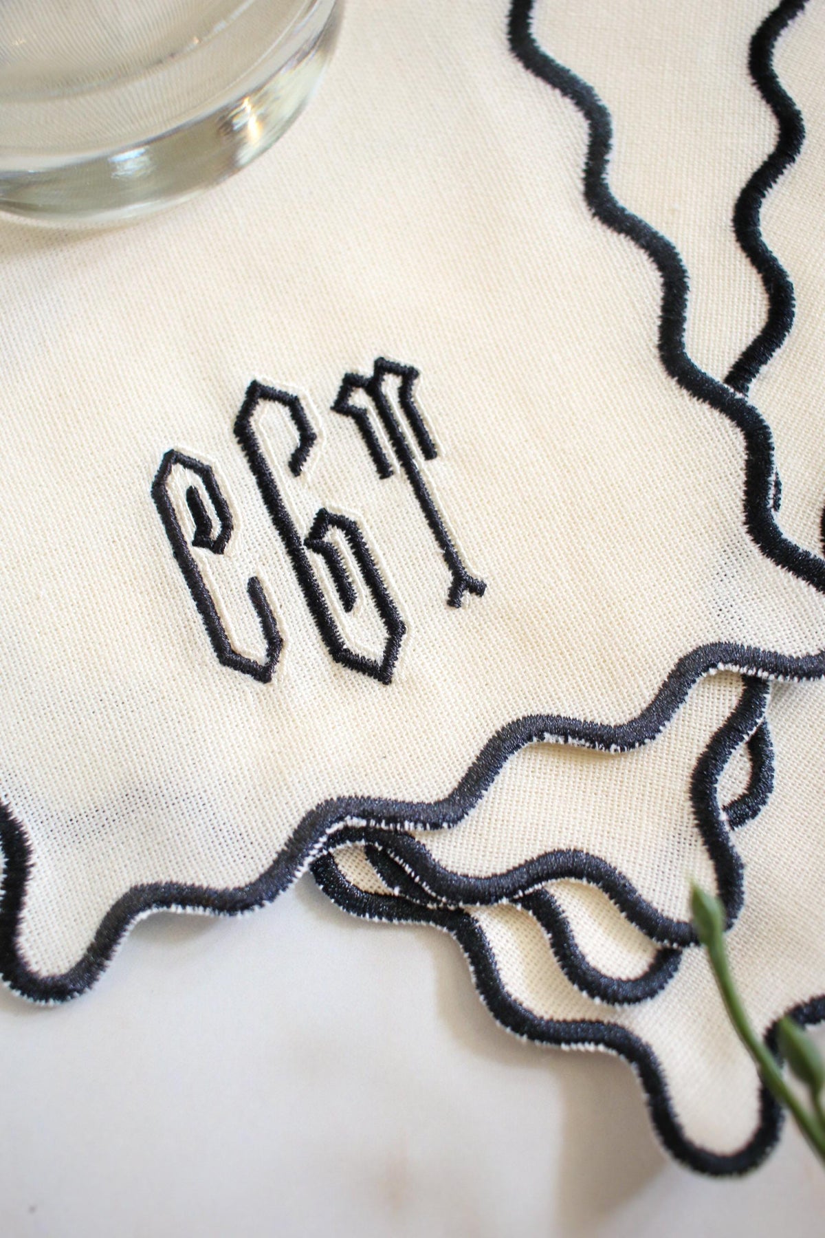 Monogrammed Linen Cocktail Napkin Set | Scallop Edge Cocktail Napkins | Embroidered Hostess Gift | Grandmillenial Home | Wedding Gift
