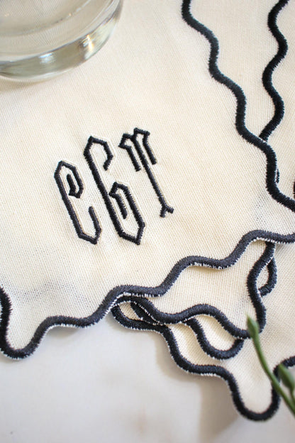 Monogrammed Linen Cocktail Napkin Set | Scallop Edge Cocktail Napkins | Embroidered Hostess Gift | Grandmillenial Home | Wedding Gift