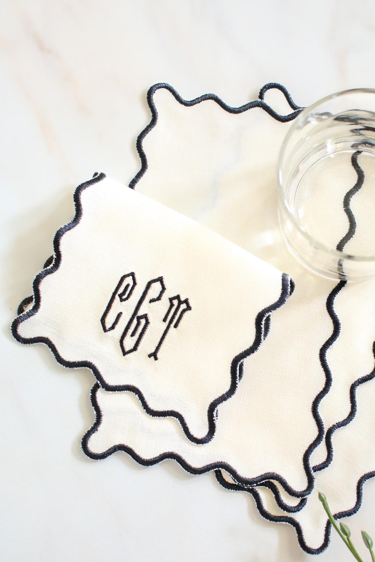 Monogrammed Linen Cocktail Napkin Set | Scallop Edge Cocktail Napkins | Embroidered Hostess Gift | Grandmillenial Home | Wedding Gift
