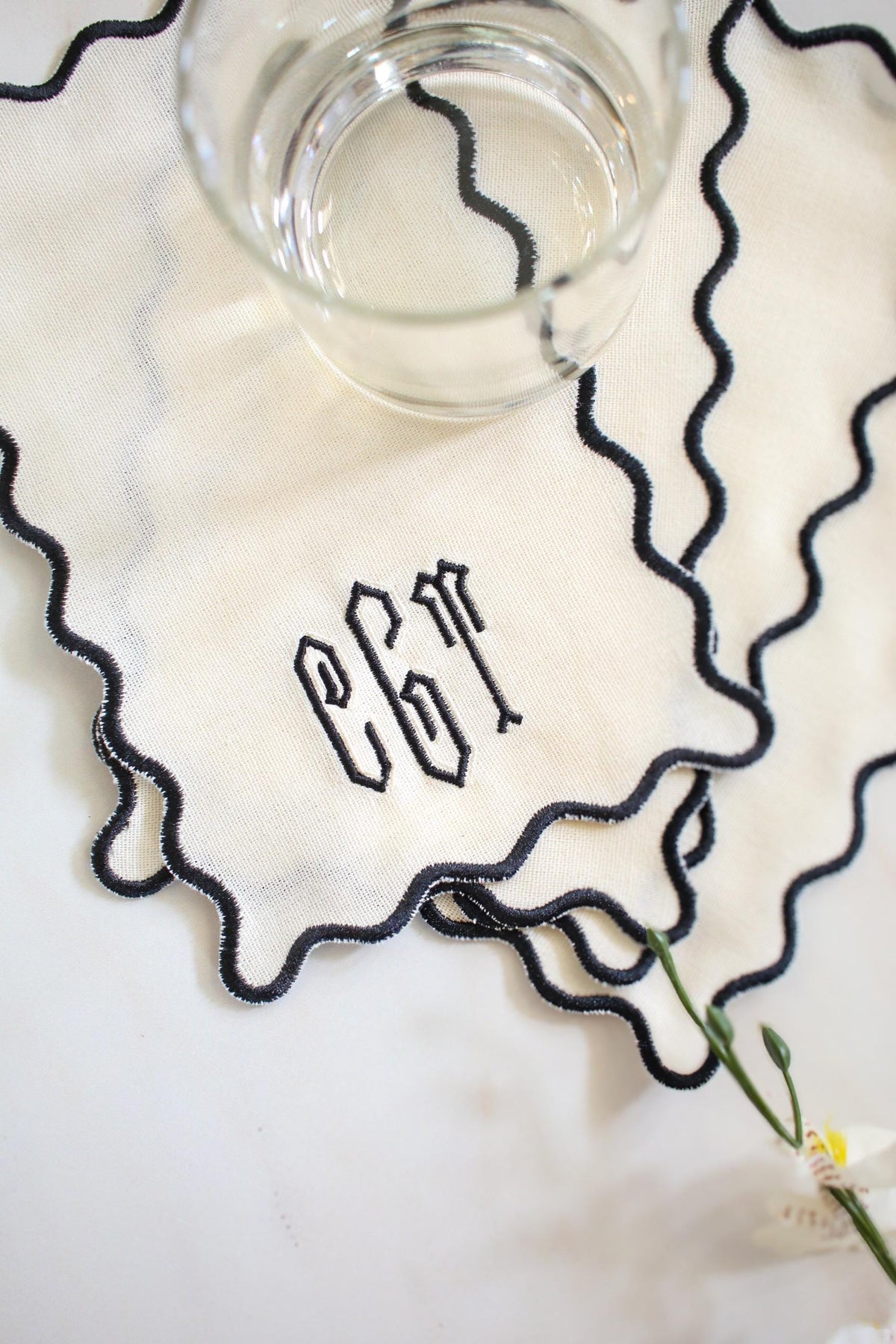 Monogrammed Linen Cocktail Napkin Set | Scallop Edge Cocktail Napkins | Embroidered Hostess Gift | Grandmillenial Home | Wedding Gift
