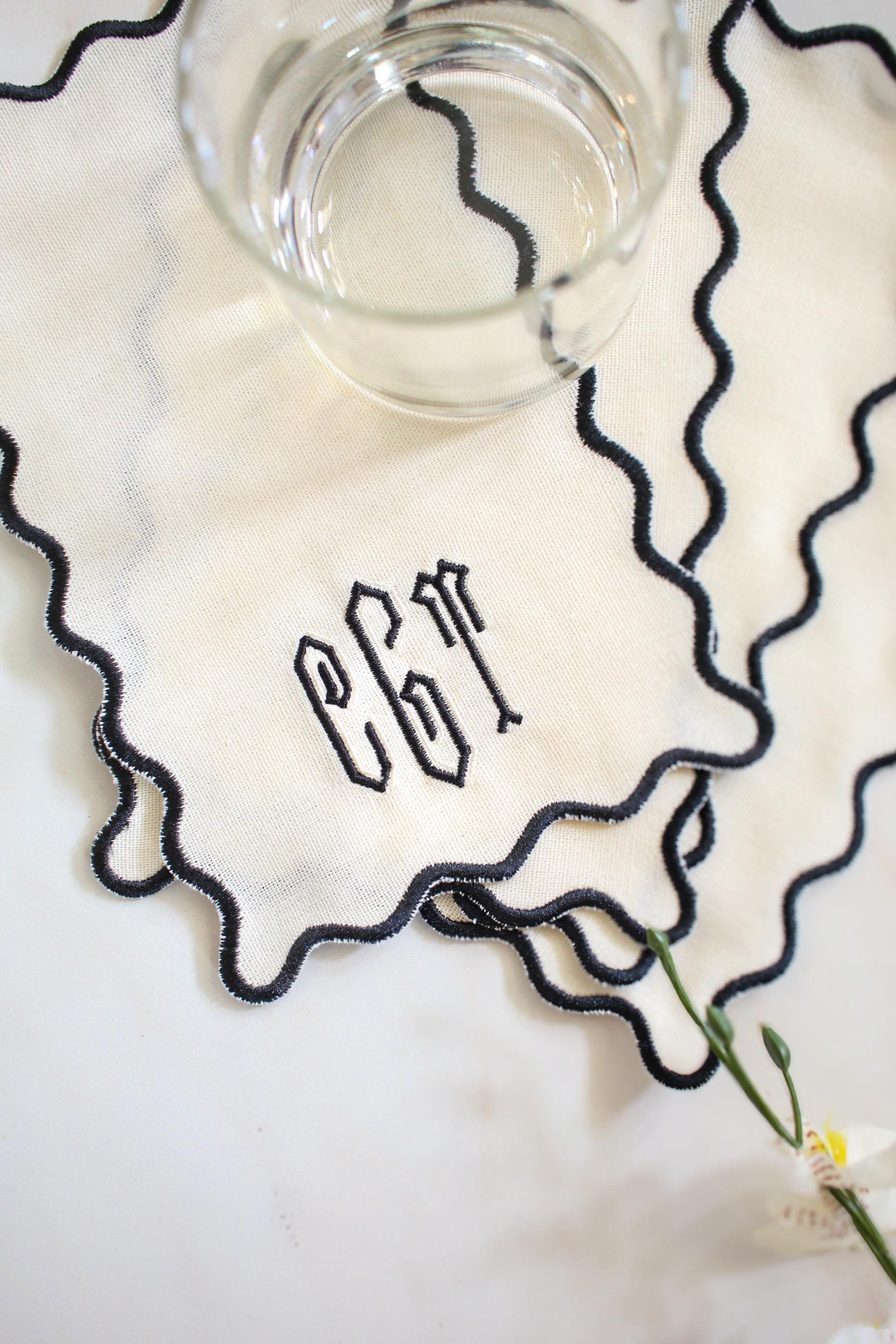 Monogrammed Linen Cocktail Napkin Set | Scallop Edge Cocktail Napkins | Embroidered Hostess Gift | Grandmillenial Home | Wedding Gift