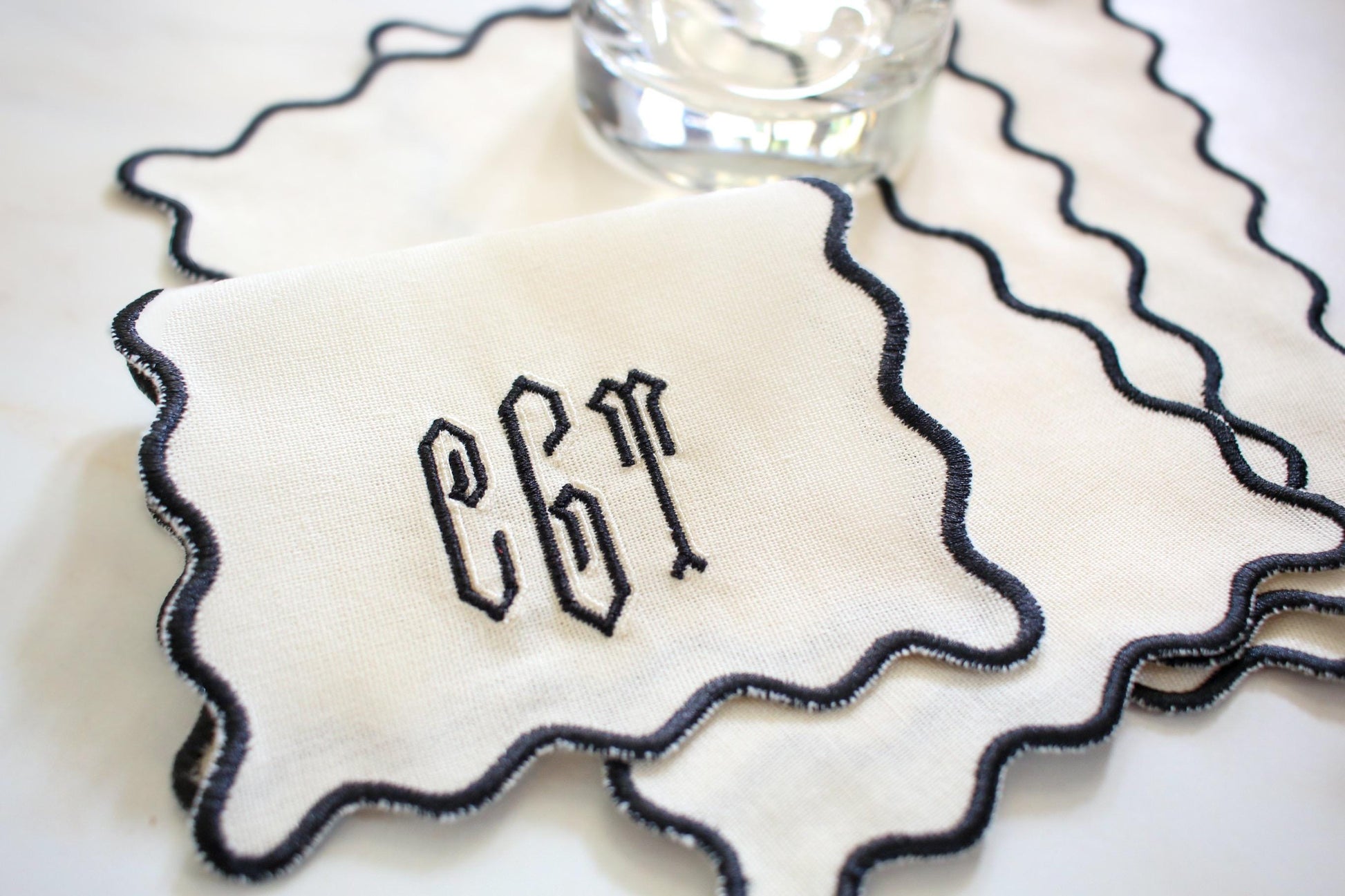 Monogrammed Linen Cocktail Napkin Set | Scallop Edge Cocktail Napkins | Embroidered Hostess Gift | Grandmillenial Home | Wedding Gift