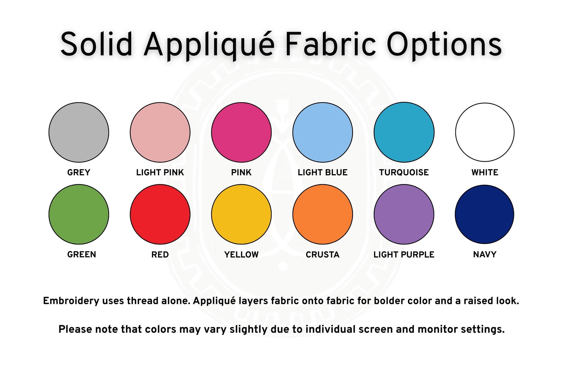 A color options chart titled 'Solid Appliqué Fabric Options' showing circular swatches in gray, light pink, pink, light blue, turquoise, white, green, red, yellow, orange, light purple, and navy, each labeled with its color name. Small text below explains embroidery thread and color variation.

