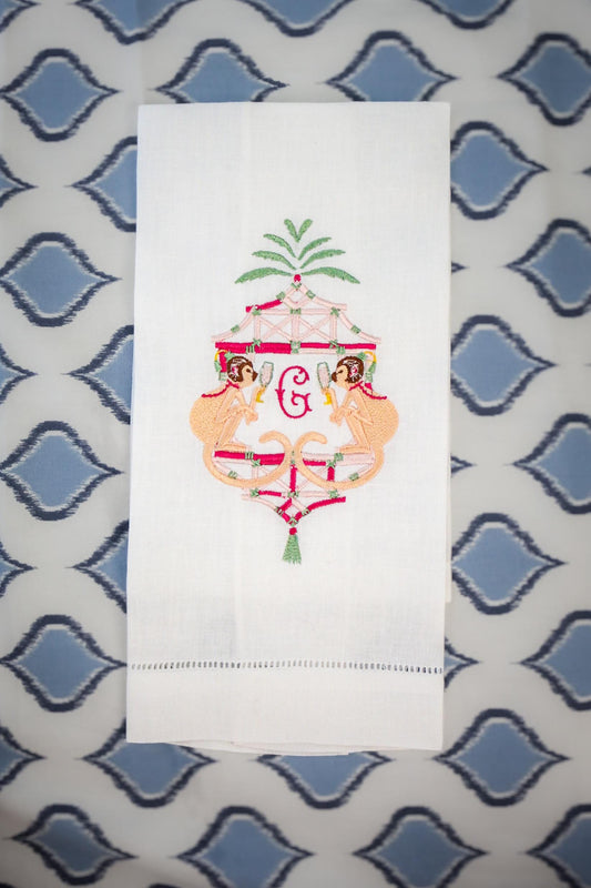 Personalized Chinoiserie Monkey Hand Towel | Custom Linen Guest Towel | Pagoda Bathroom Towel | Grandmillennial Decor