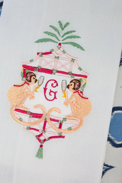 Personalized Chinoiserie Monkey Hand Towel | Custom Linen Guest Towel | Pagoda Bathroom Towel | Grandmillennial Decor