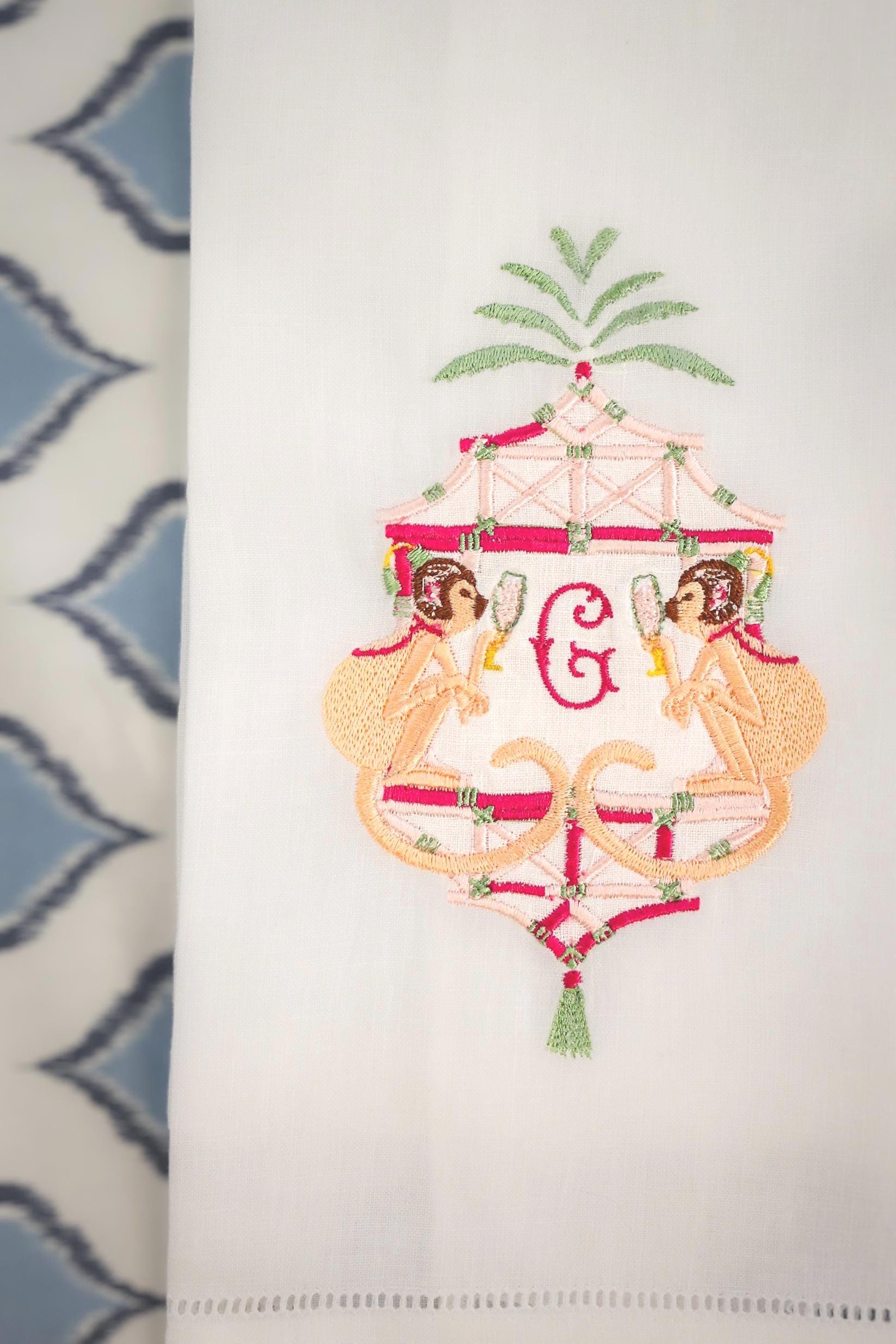Personalized Chinoiserie Monkey Hand Towel | Custom Linen Guest Towel | Pagoda Bathroom Towel | Grandmillennial Decor
