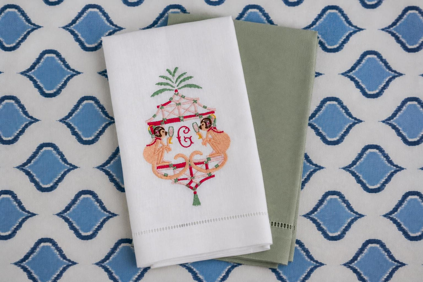 Personalized Chinoiserie Monkey Hand Towel | Custom Linen Guest Towel | Pagoda Bathroom Towel | Grandmillennial Decor