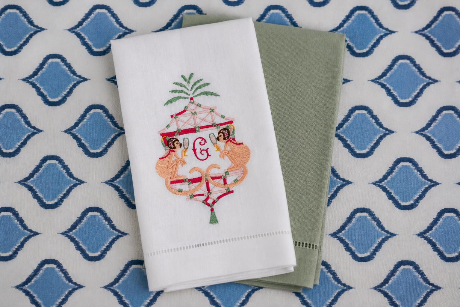 Personalized Chinoiserie Monkey Hand Towel | Custom Linen Guest Towel | Pagoda Bathroom Towel | Grandmillennial Decor