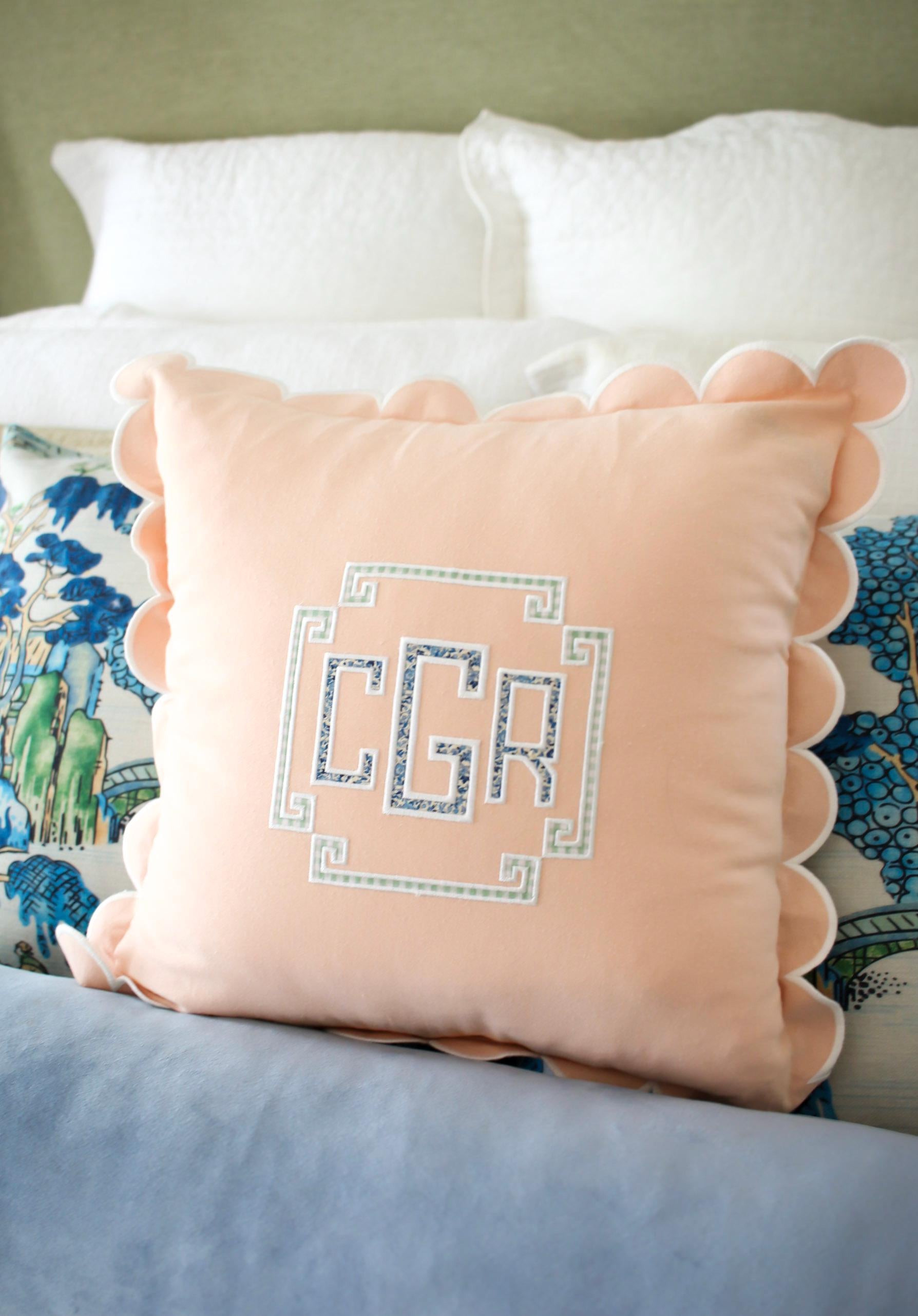Personalized Scalloped Pillow Cover | Custom Monogrammed Throw Pillow | Appliqué Pillow | 20x20 Decorative Pillow