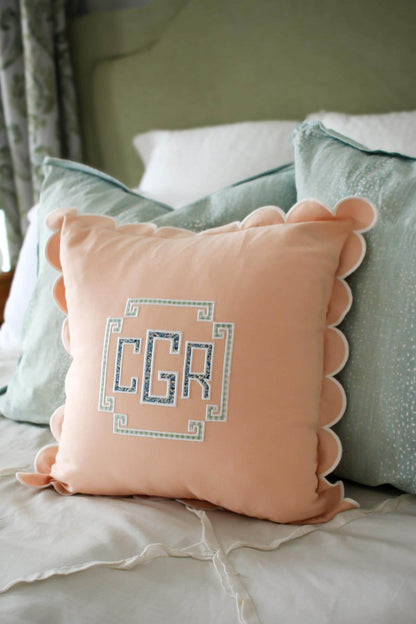 Personalized Scalloped Pillow Cover | Custom Monogrammed Throw Pillow | Appliqué Pillow | 20x20 Decorative Pillow