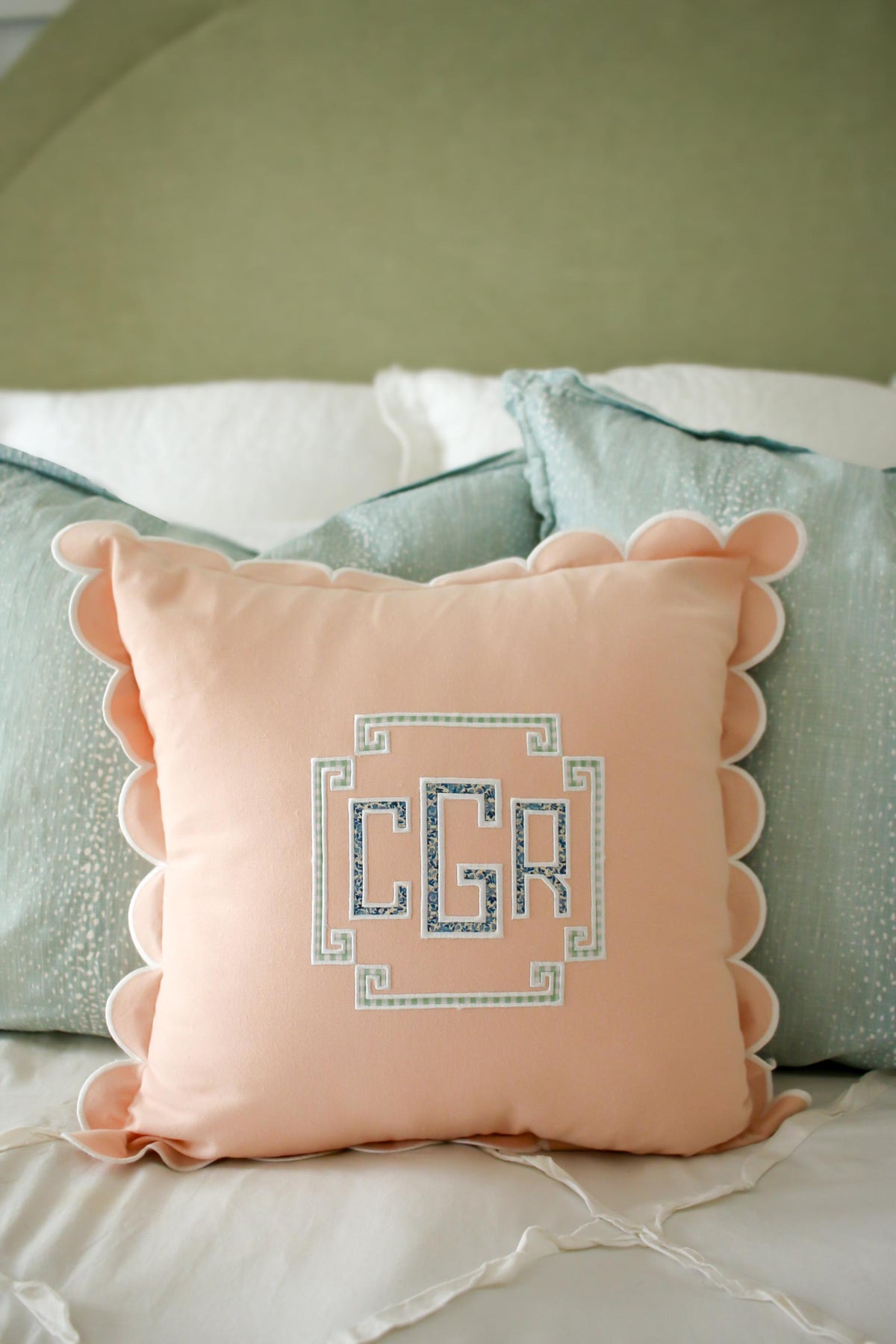 Personalized Scalloped Pillow Cover | Custom Monogrammed Throw Pillow | Appliqué Pillow | 20x20 Decorative Pillow