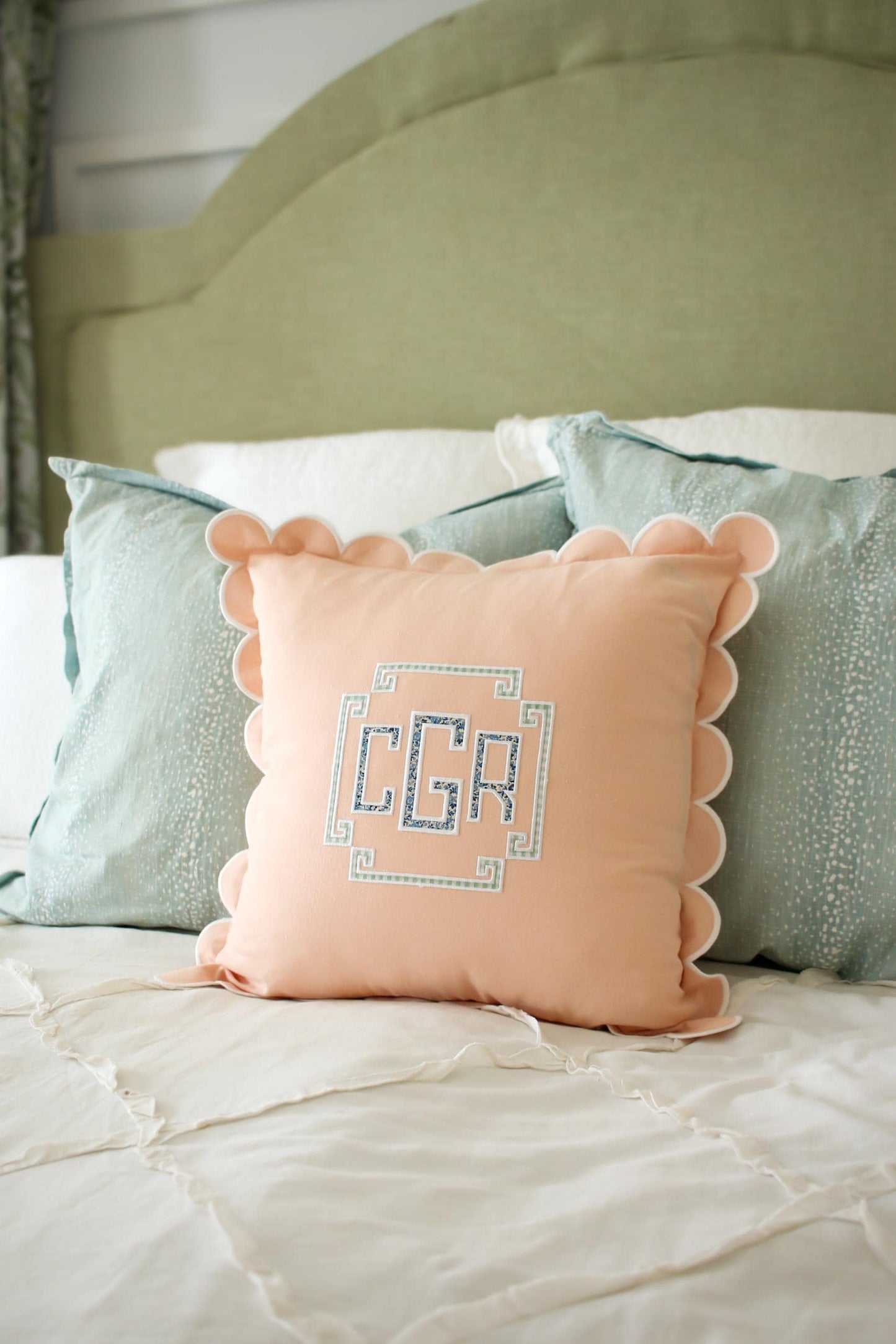 Personalized Scalloped Pillow Cover | Custom Monogrammed Throw Pillow | Appliqué Pillow | 20x20 Decorative Pillow